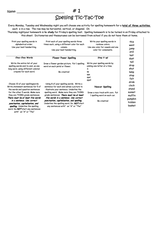 Spelling Tic-Tac-Toe - Spelling Worksheet Template Printable pdf