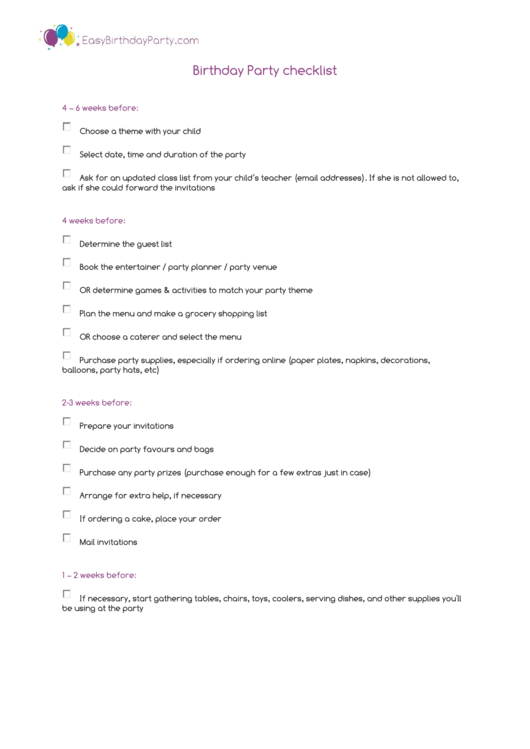 Birthday Party Checklist Template printable pdf download
