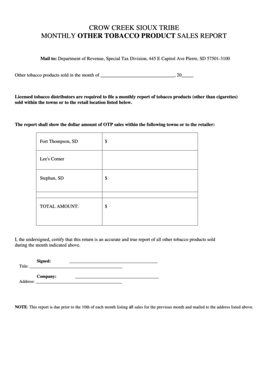 Crow Creek Sioux Tribe Monthly Other Tobacco Product Sales Report Form Printable pdf