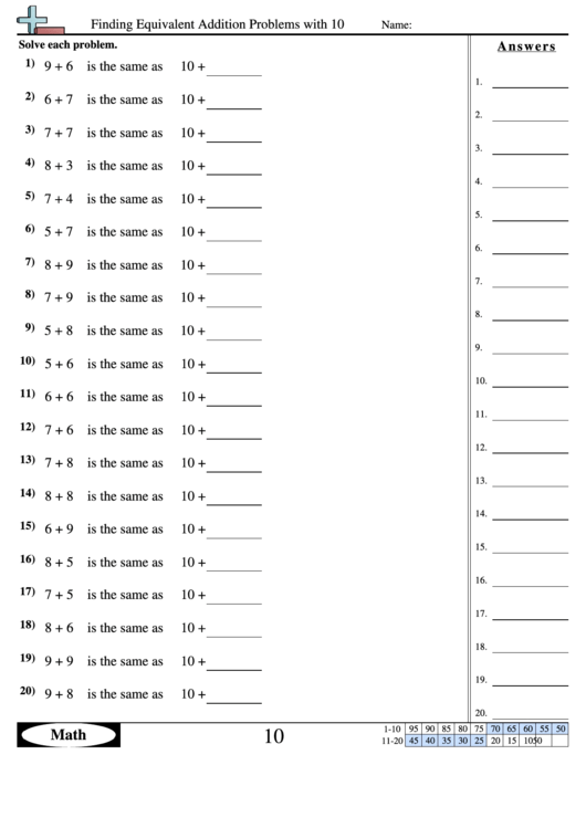 Finding Equivalent Addition Problems With 10 - Math Worksheet With Answer Key Printable pdf