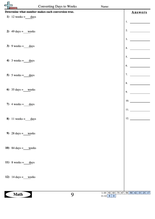 Converting Days To Weeks - Math Worksheet With Answer Key Printable pdf