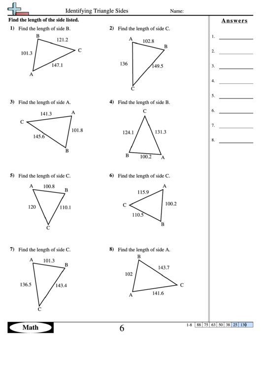 Identifying Triangle Sides Math Worksheet - With Answers Printable pdf
