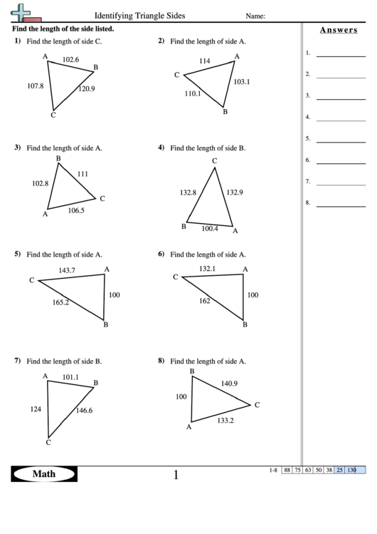 Identifying Triangle Sides Math Worksheet - With Answers Printable pdf