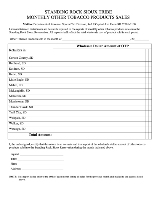 Standing Rock Sioux Tribe Monthly Other Tobacco Product Sales Form Printable pdf