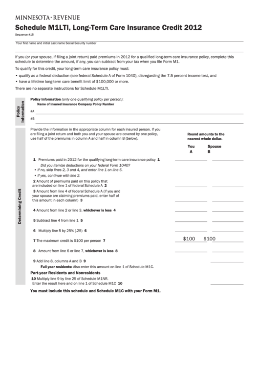 Fillable Schedule M1lti - Long-Term Care Insurance Credit - 2012 Printable pdf