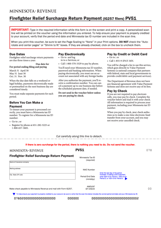 Fillable Form Pv51 - Firefighter Relief Surcharge Return Payment Printable pdf