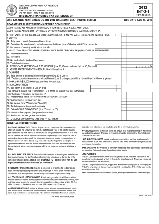 Fillable Form Int-2-1 - Bank Franchise Tax Schedule Bf - 2012 Printable pdf