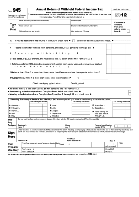 Fillable Form 945 - Annual Return Of Withheld Federal Income Tax - 2012 Printable pdf