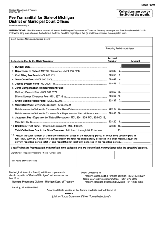 Fillable Form 295 - Fee Transmittal For State Of Michigan District Or Municipal Court Offices Printable pdf