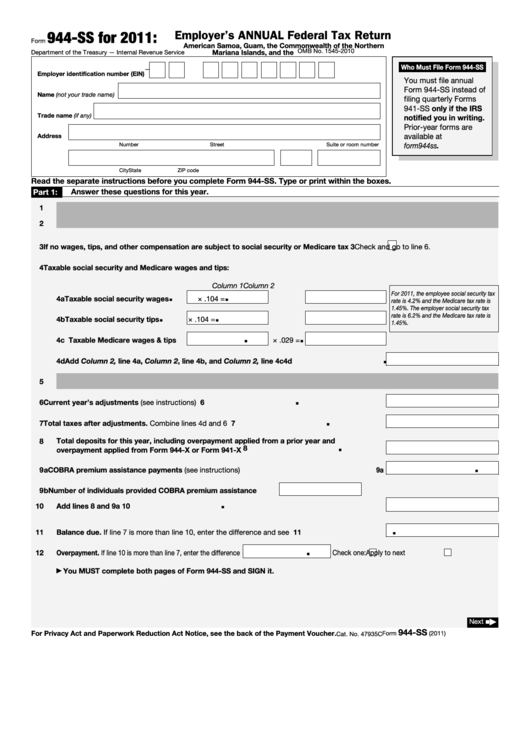Fillable Form 944-Ss - Employer