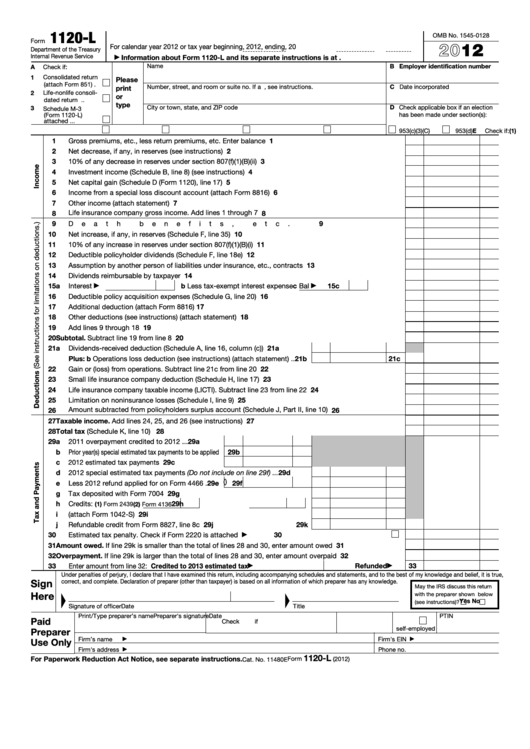 Fillable Form 1120-L - U.s. Life Insurance Company Income Tax Return - 2012 Printable pdf