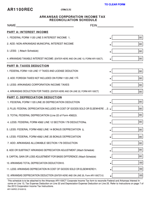 Fillable Form Ar1100rec Arkansas Corporation Tax