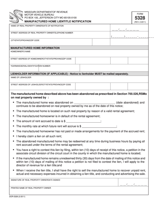 Fillable Form 5328 - Manufactured Home Lien Title Notification Printable pdf