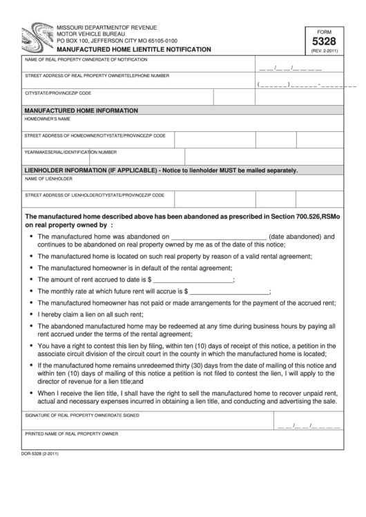 Fillable Form 5328 Manufactured Home Lien Title Notification Printable Pdf Download