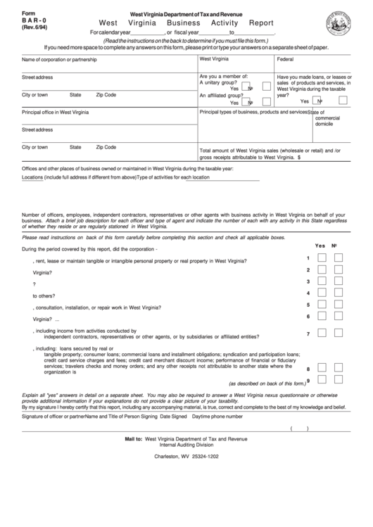 Form Bar-0 - West Virginia Business Activity Report Printable pdf