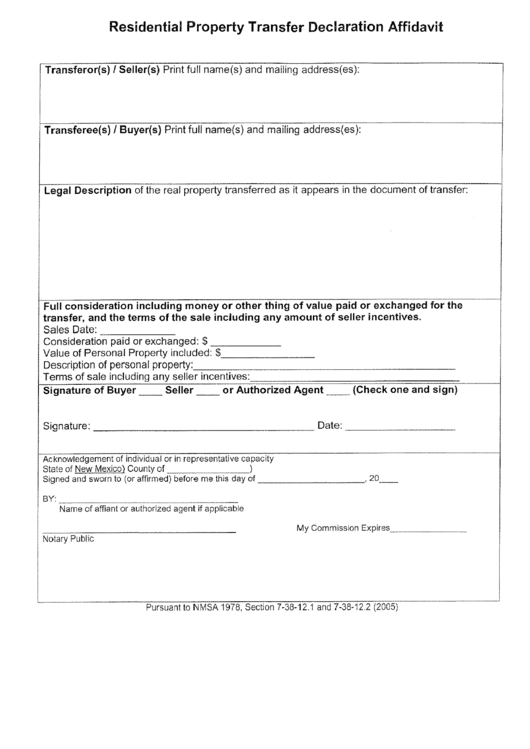 Residential Property Transfer Declaration Affidavit Form Printable pdf