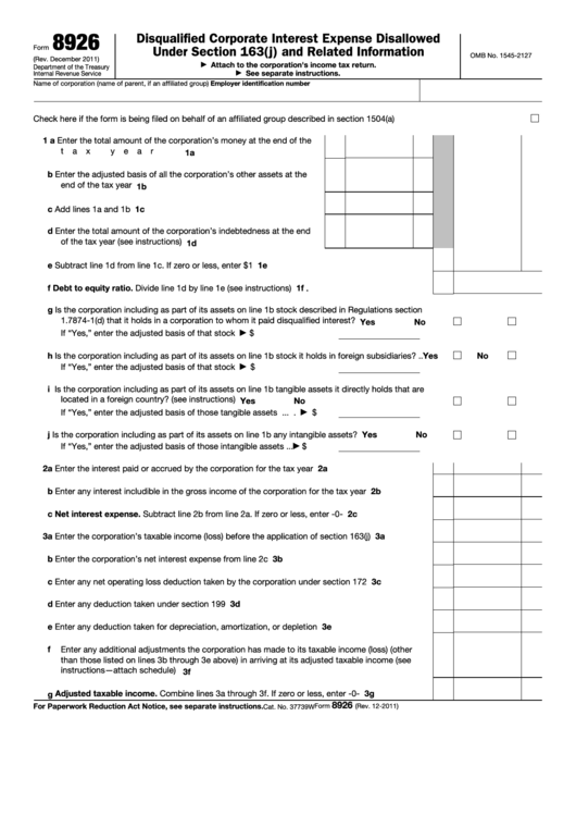 Fillable Form 8926 - Disqualified Corporate Interest Expense Disallowed ...