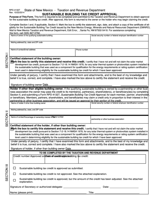 Form Rpd-41327 - Sustainable Building Tax Credit Approval Printable pdf
