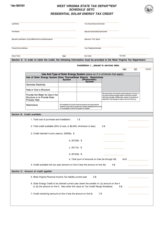 Form Wv/setc - Schedule Setc Residential Solar Energy Tax Credit Printable pdf