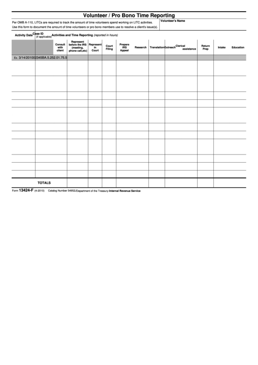 Fillable Form 13424-F - Volunteer / Pro Bono Time Reporting Printable pdf