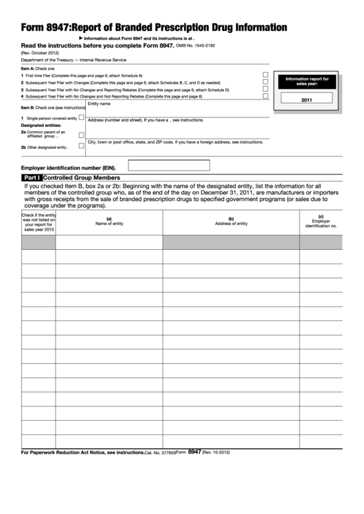 Fillable Form 8947 - Report Of Branded Prescription Drug Information Printable pdf