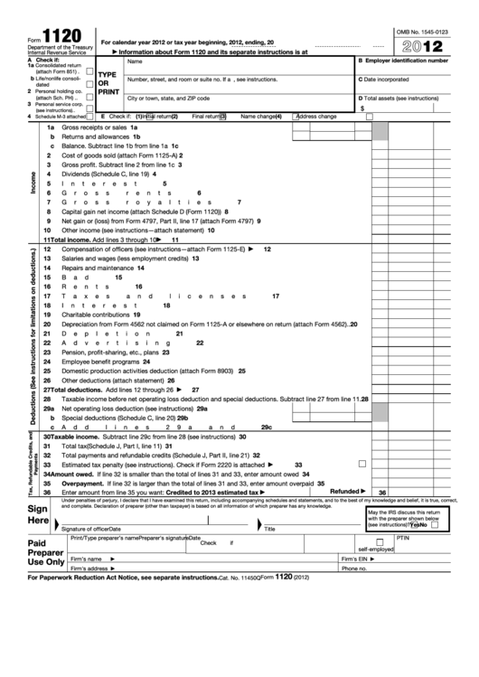 Fillable Form 1120 - U.s. Corporation Income Tax Return - 2012 Printable pdf