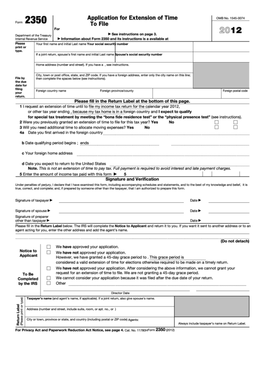 Fillable Form 2350 - Application For Extension Of Time To File U.s. Income Tax Return - 2012 Printable pdf