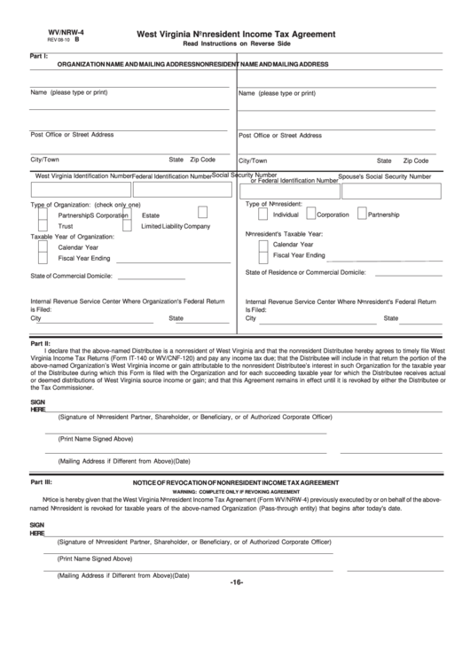Form Wv/nrw-4 - West Virginia Nonresident Income Tax Agreement Printable pdf