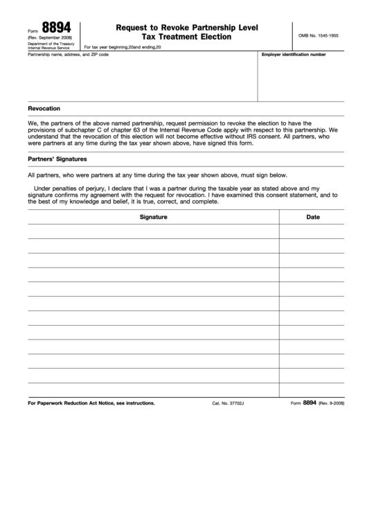 Fillable Form 8894 - Request To Revoke Partnership Level Tax Treatment Election Printable pdf