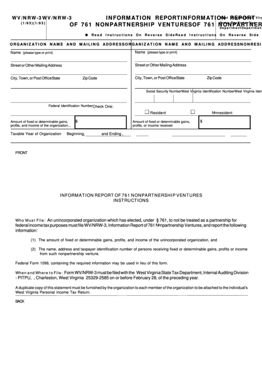 Form Wv/nrw-3 - Information Report Of 761 Nonpartnership Ventures Printable pdf