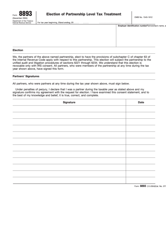 Fillable Form 8893 - Election Of Partnership Level Tax Treatment Printable pdf