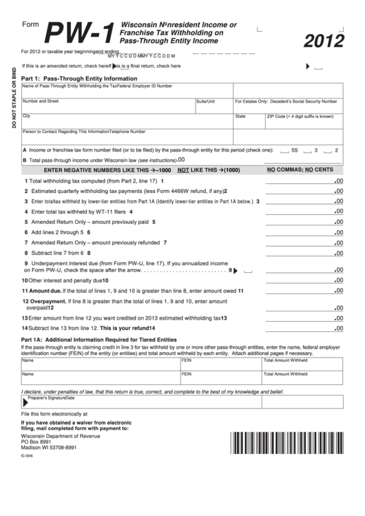 Fillable Form Pw-1 - Wisconsin Nonresident Income Or Franchise Tax Withholding On Pass-Through Entity Income - 2012 Printable pdf
