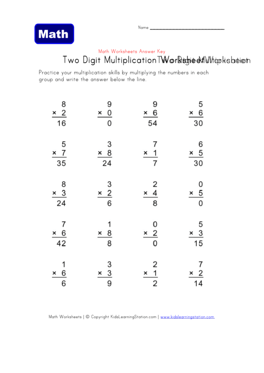 Two Digit Multiplication Math Answer Sheet Printable pdf