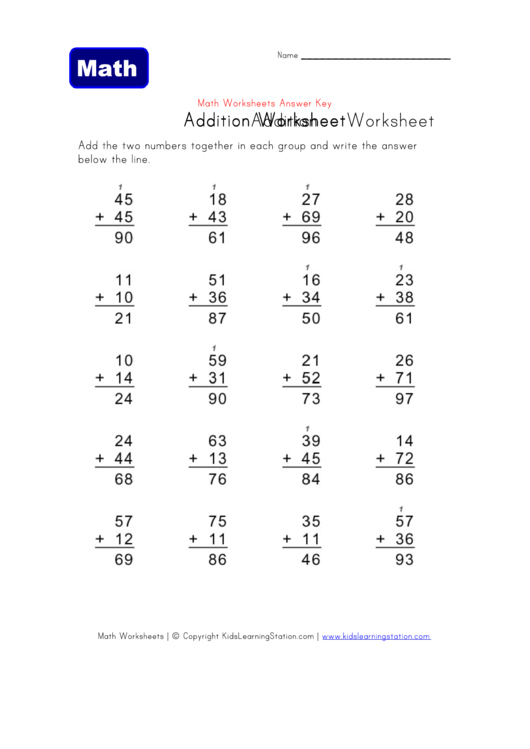 Addition Math Answer Sheet Printable pdf