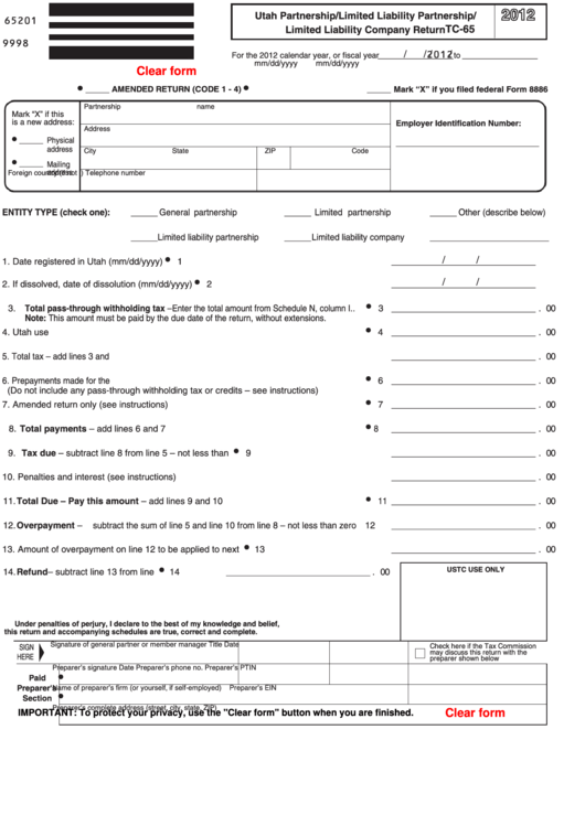 Fillable Form Tc-65 - Utah Partnership/limited Liability Partnership/limited Liability Company Return - 2012 Printable pdf
