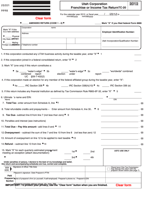 Fillable Form Tc-20 - Utah Corporation Franchise Or Income Tax Return - 2012 Printable pdf
