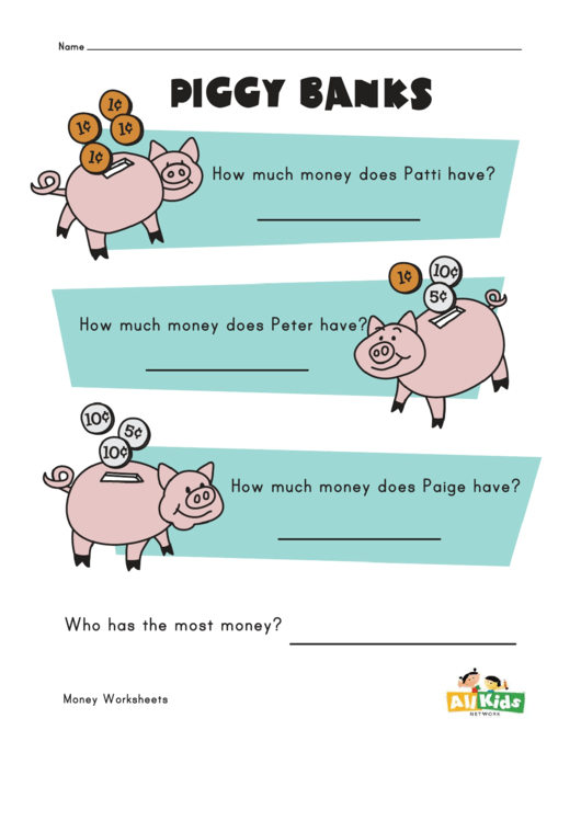 Piggy Banks Money Worksheet Printable pdf