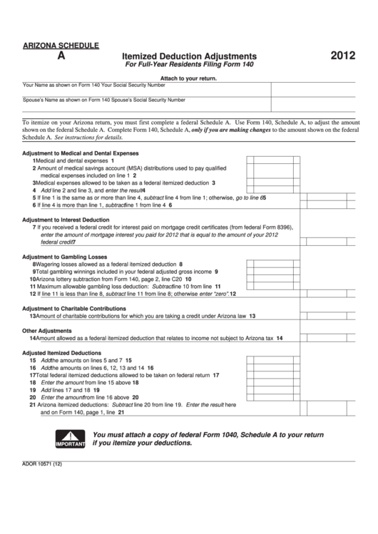 Fillable Arizona Schedule A - Itemized Deduction Adjustments - 2012 Printable pdf