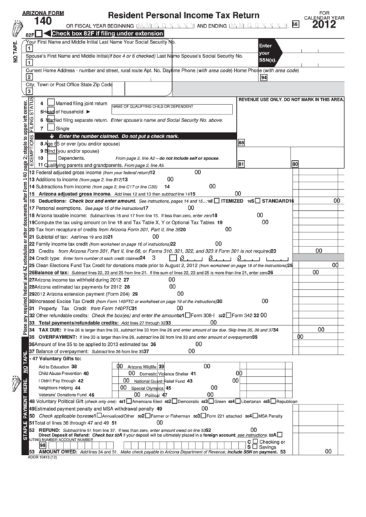 Fillable Arizona Form 140 - Resident Personal Income Tax Return - 2012 Printable pdf
