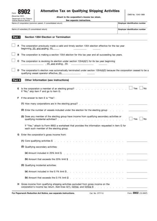 Fillable Form 8902 - Alternative Tax On Qualifying Shipping Activities Printable pdf