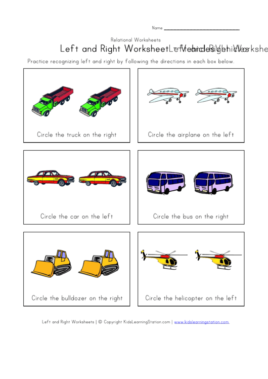 Left And Right Worksheet - Vehicles Printable pdf