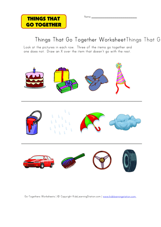 Things That Go Together Kids Activity Worksheet Printable pdf