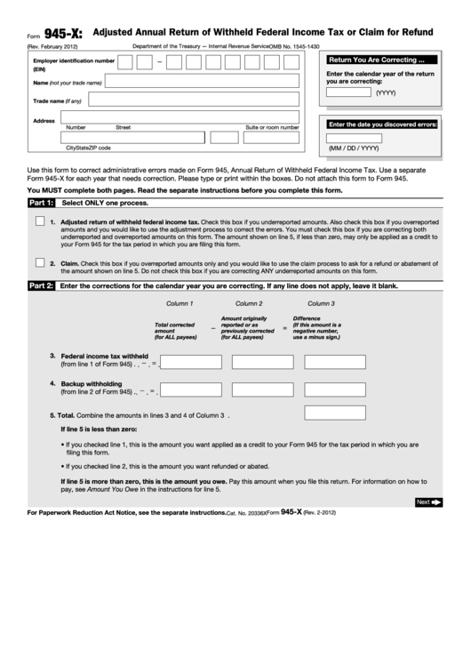 Fillable Form 945-X - Adjusted Annual Return Of Withheld Federal Income Tax Or Claim For Refund Printable pdf