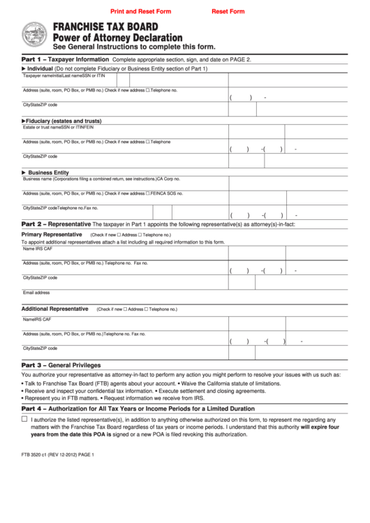 Fillable Form Ftb 3520 C1 - Ranchise Tax Board Power Of Attorney Declaration Printable pdf