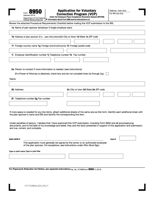 Fillable Form 8950 - Application For Voluntary Correction Program (Vcp) Printable pdf