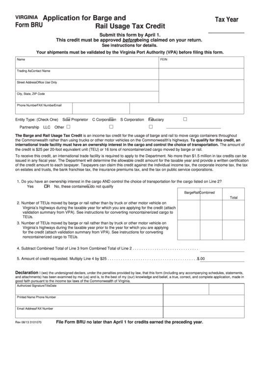 Fillable Form Bru - Application For Barge And Rail Usage Tax Credit Printable pdf