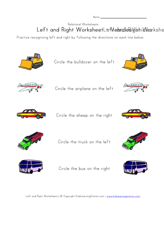 Left And Right Worksheet - Vehicles Printable pdf