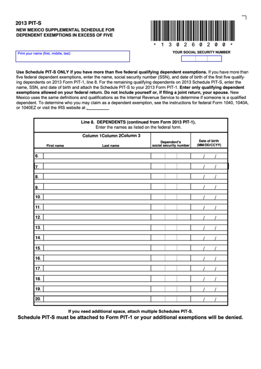 Fillable Form Pit-S - New Mexico Supplemental Schedule For Dependent Exemptions In Excess Of Five - 2013 Printable pdf