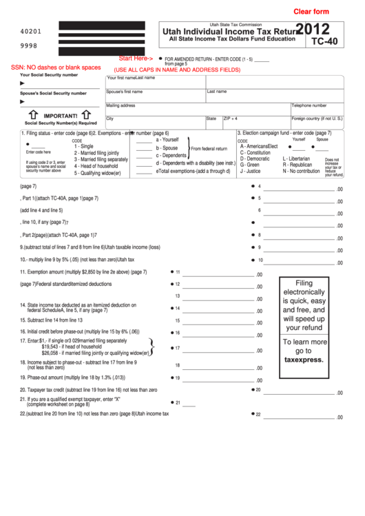 Fillable Form Tc-40 - Utah Individual Income Tax Return - 2012 Printable pdf
