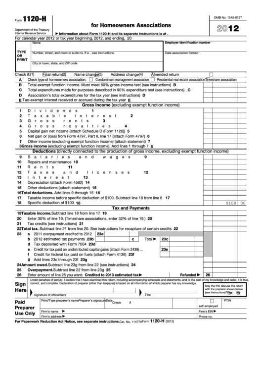 Fillable Form 1120-H - U.s. Income Tax Return For Homeowners Associations - 2012 Printable pdf